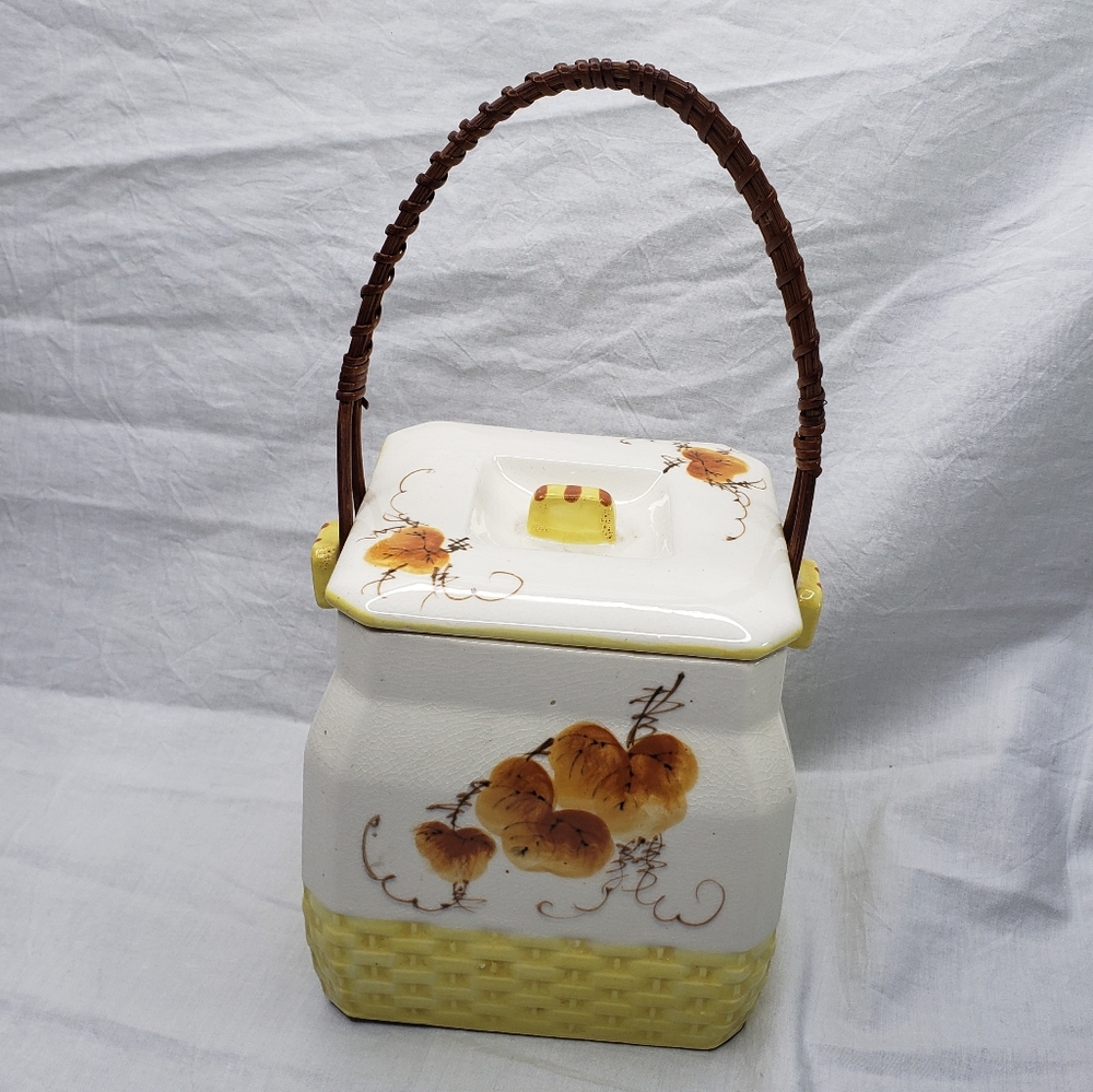 Vintage Cookie Biscuit Jar Autumn Leaves Persimmons Wicker Handle Japan
